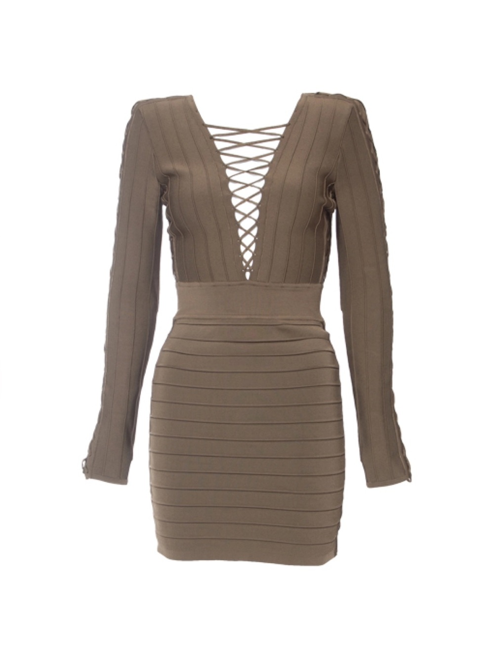 BALMAIN Bodycon Dress with Tie Up V-Neck. Khaki colour